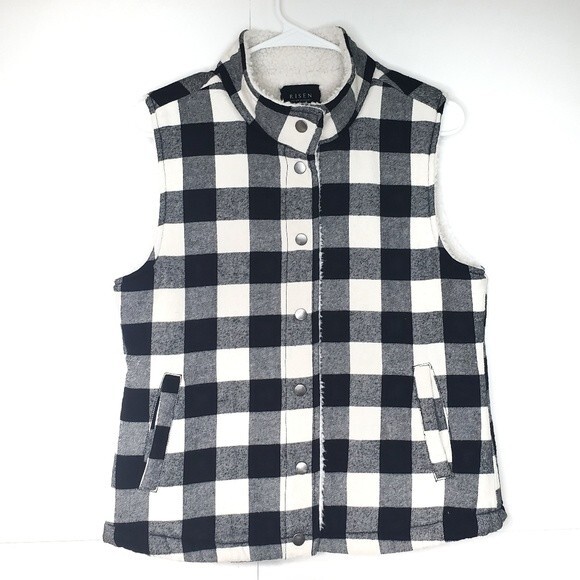 RISEN Black and White Buffalo Check Fleece Lined Trucker Vest Size S - Picture 1 of 6